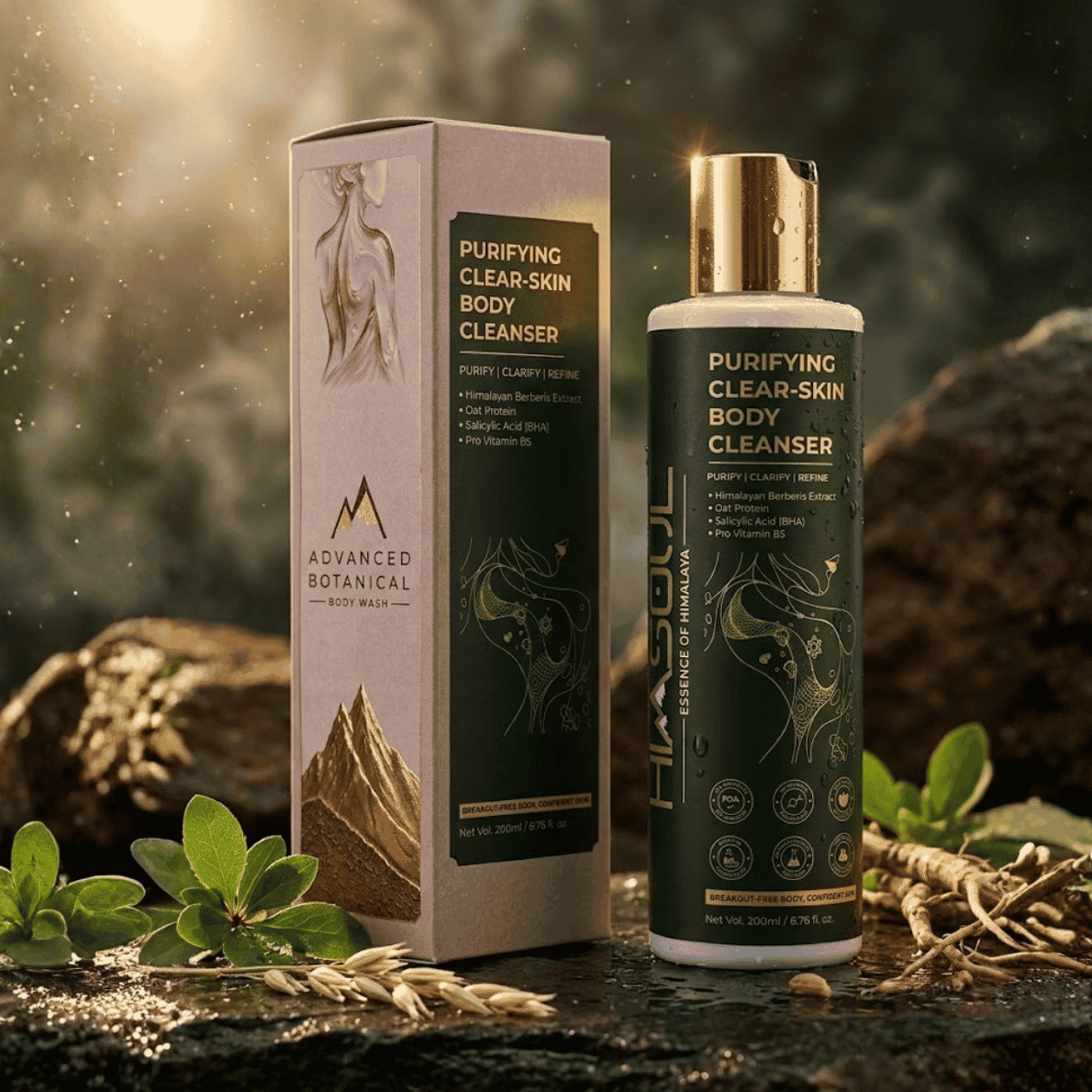 SEO Alt Text:

Himsoul Purifying Clear-Skin Body Cleanser bottle and outer carton on wet mountain stone, formulated with Salicylic Acid and Himalayan Berberis for body acne care.