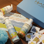 HimSoul Himalayan hygiene adventure gift box for kids featuring natural shampoo, face wash, and wellness tracker booklet with pixel stickers