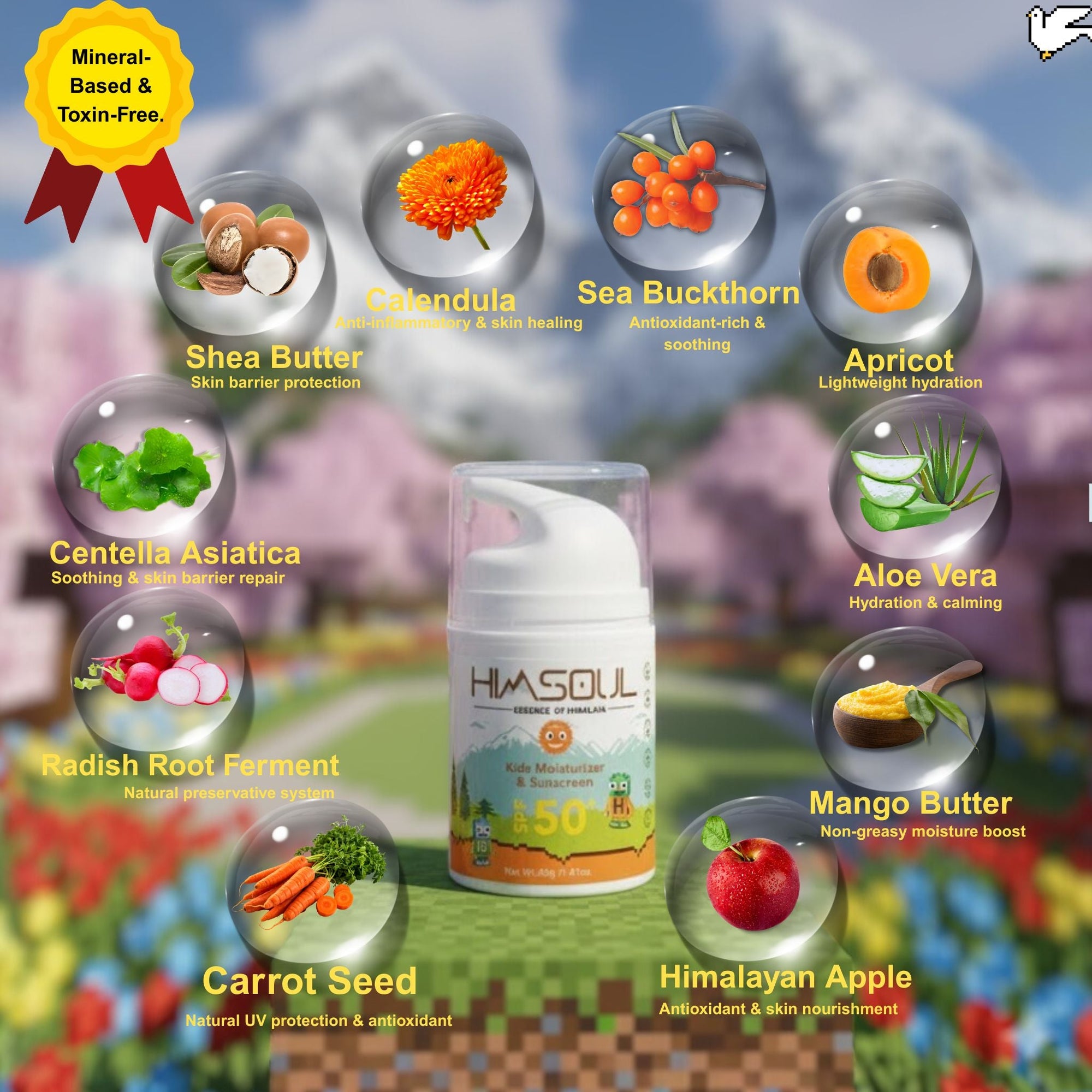 Kids sunscreen  showing natural ingredients of Himsoul kids skincare: Shea Butter, Calendula, Sea Buckthorn, Aloe Vera, and Himalayan Apple for skin nourishment.