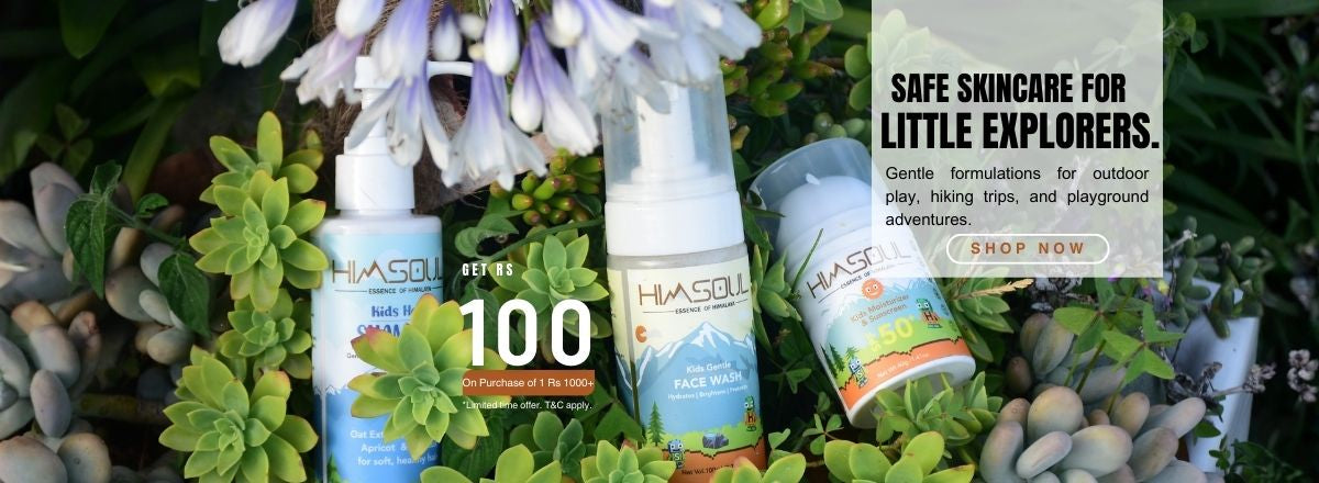 Himsoul banner featuring safe, gentle skincare products for kids. Text reads: 'Safe skincare for little explorers.' Shop now 