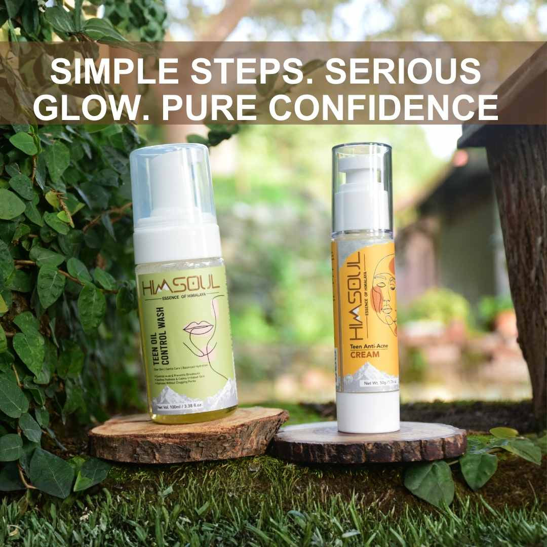 Himsoul Teen Duo: Essential 2 steps to clean, confident skin featuring oil-control face wash and anti-acne cream for teenagers.
