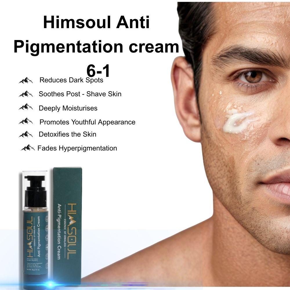 Himsoul Anti-Pigmentation Cream for men shown with 6-in-1 benefits including reducing dark spots, fading hyperpigmentation, and soothing post-shave skin.