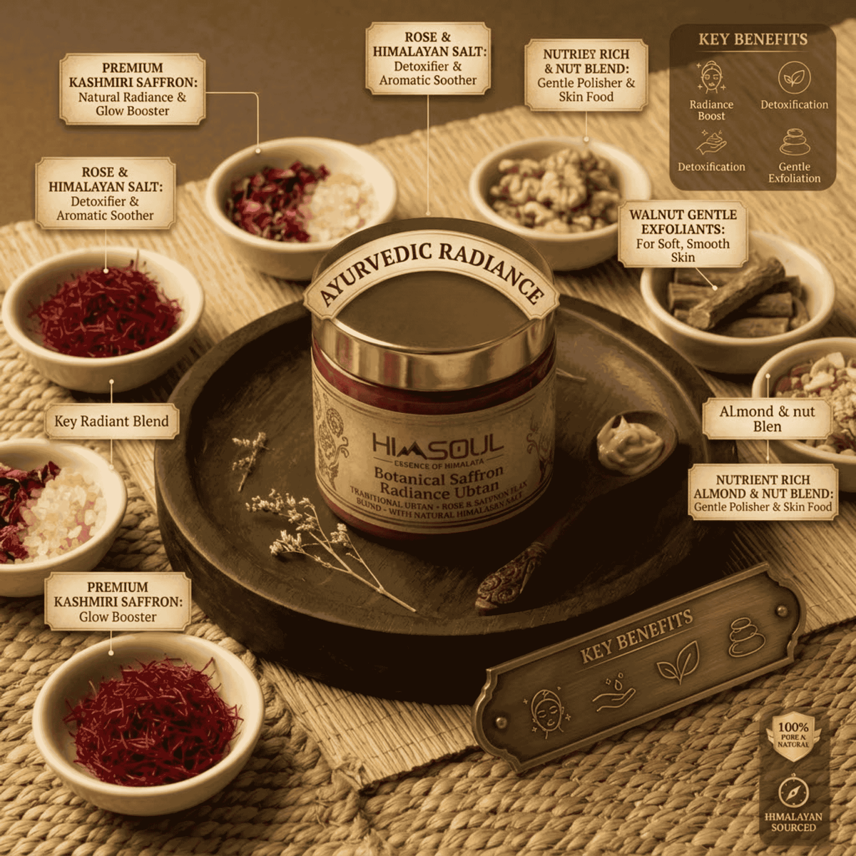 Himsoul Botanical Saffron Radiance Ubtan infographic showing Ayurvedic ingredients including Kashmiri Saffron, Rose, Himalayan Salt, and Walnut Exfoliators for de-tan, skin polishing, and radiance boost.
