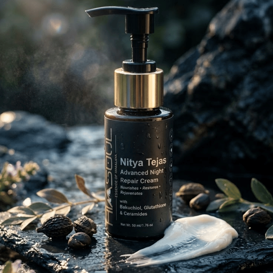Himsoul Advanced Night Repair Cream bottle placed on slate stone next to a rich cream texture swatch and natural botanical extracts.