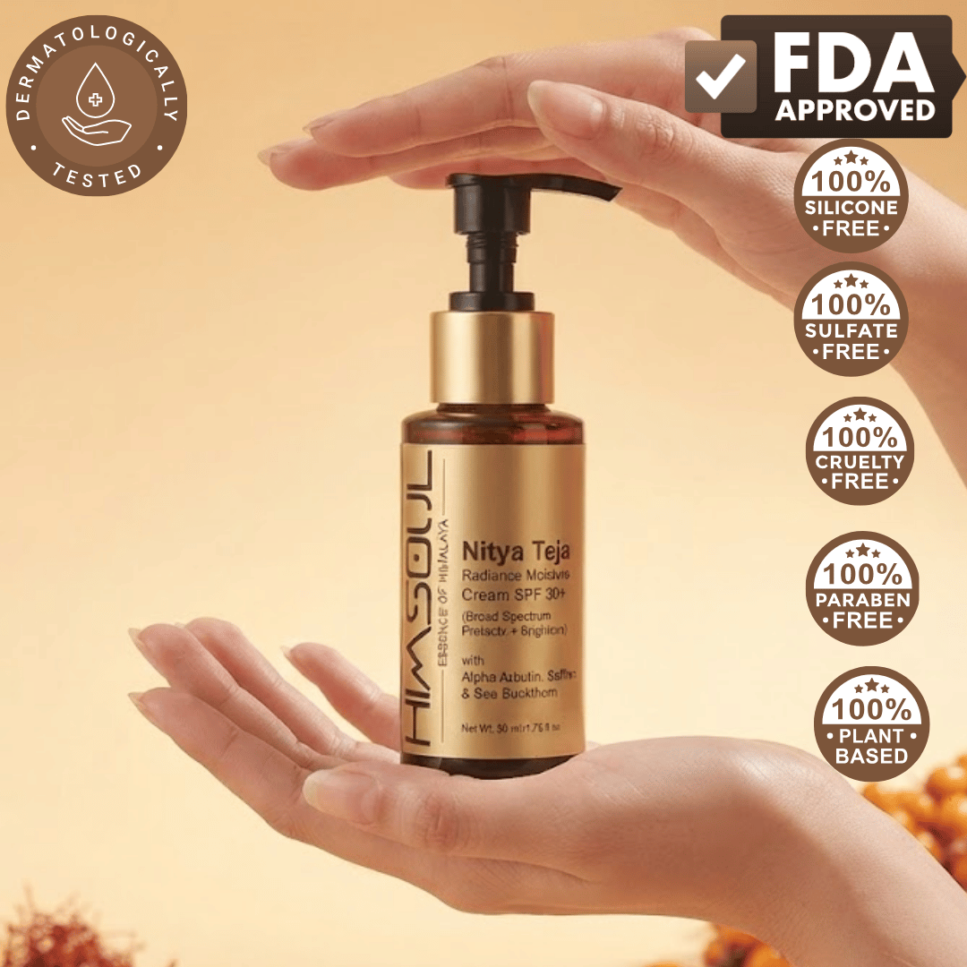 Himsoul face cream with icons showing 'Dermatologically Tested', 'FDA Approved', '100% Plant Based', and free from Silicones, Sulfates, Cruelty, and Parabens.