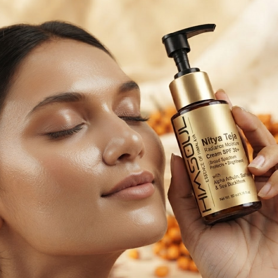 Close-up of a model with glowing, hydrated skin holding the Himsoul Nitya Teja Radiance Moisture Cream SPF 30+, demonstrating skin texture improvement.