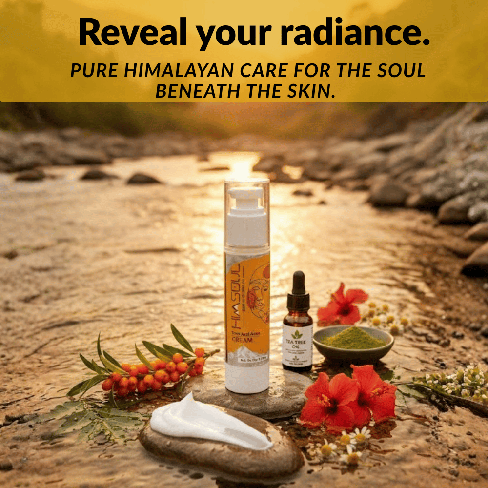 Himsoul Teen Anti-Acne Cream styled with Himalayan ingredients like Seabuckthorn and Hibiscus by a mountain river.