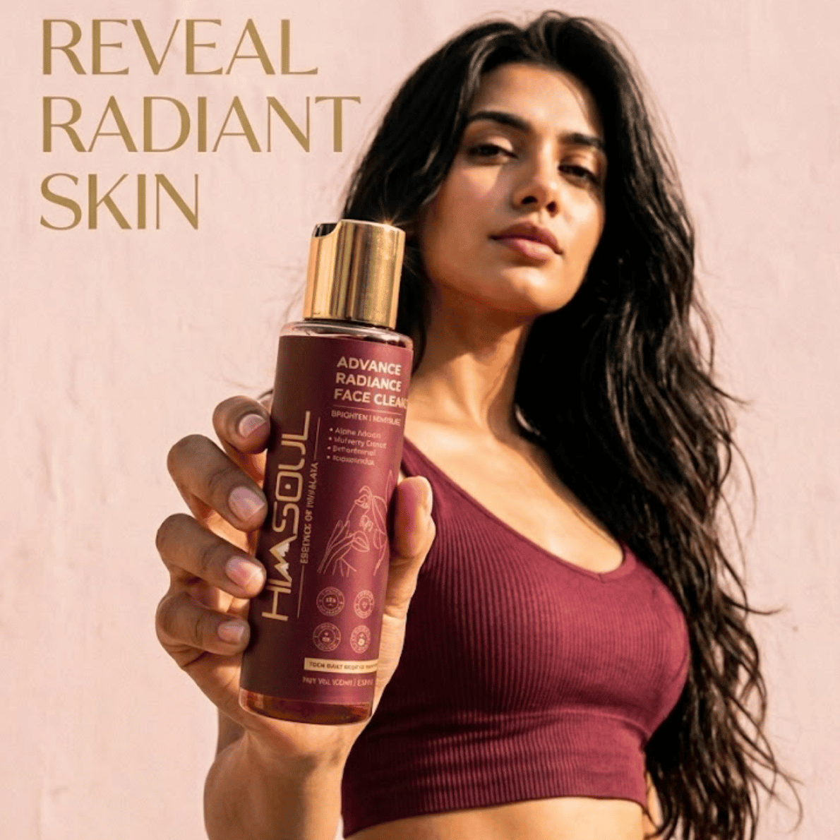 Woman holding Himsoul Advance Radiance Face Cleanser for daily facial glow, hyperpigmentation repair, and smooth skin texture.