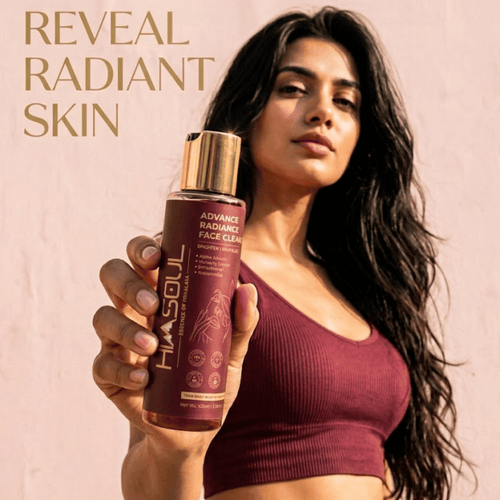 Woman holding Himsoul Advance Radiance Face Cleanser for daily facial glow, hyperpigmentation repair, and smooth skin texture.