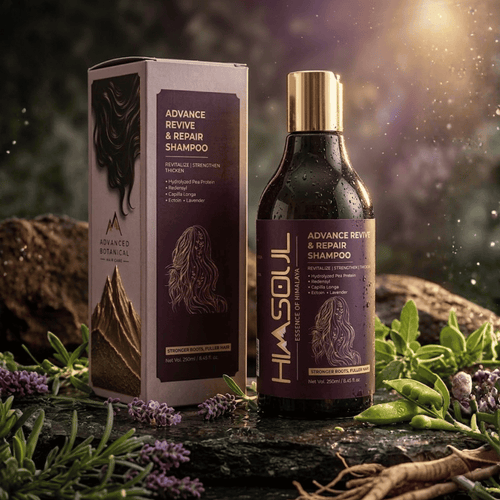 Himsoul Advance Revive & Repair Shampoo bottle and outer box surrounded by fresh lavender, pea pods, and botanical roots for root strengthening and hair thickening.