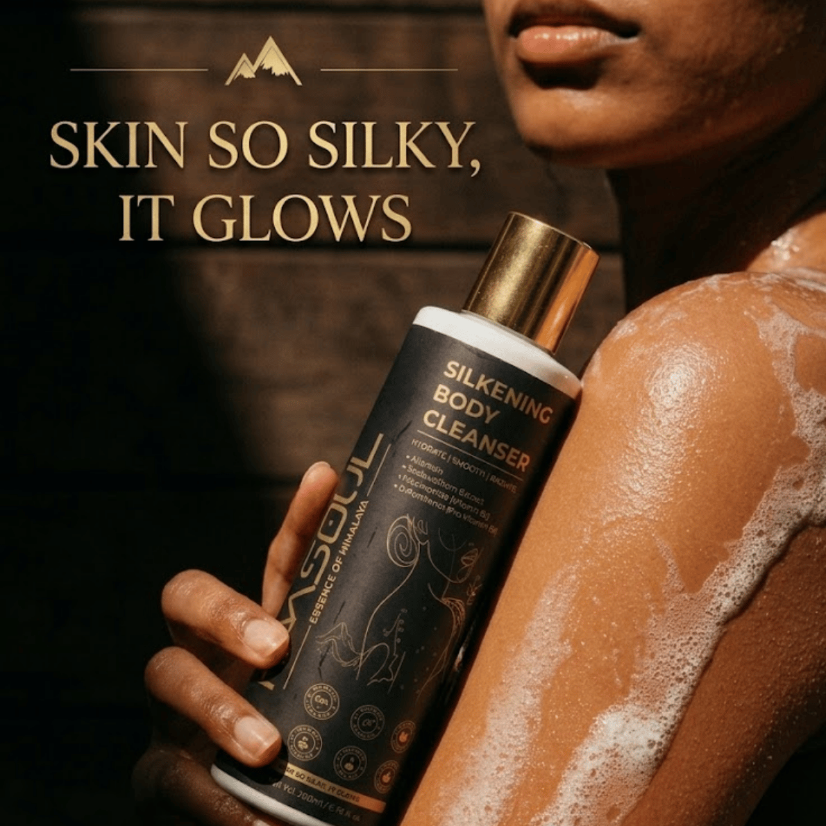 Himsoul Advance Silkening Body Cleanser, a rich, luminous-effect shower wash that hydrates deeply, softens rough skin, and locks in moisture for a lasting glow.