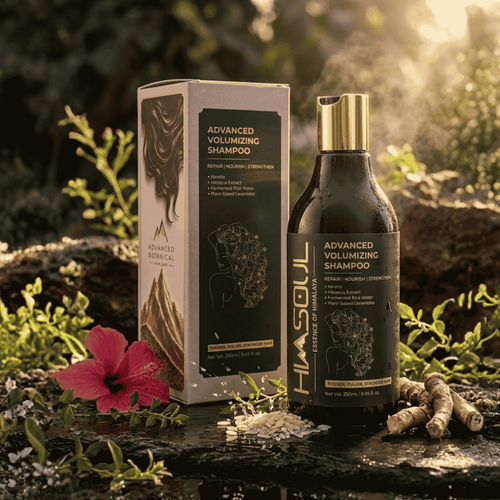 Himsoul Advanced Volumizing Shampoo bottle and outer box surrounded by fresh red hibiscus, fermented rice water grains, and botanical roots for thicker, stronger hair.