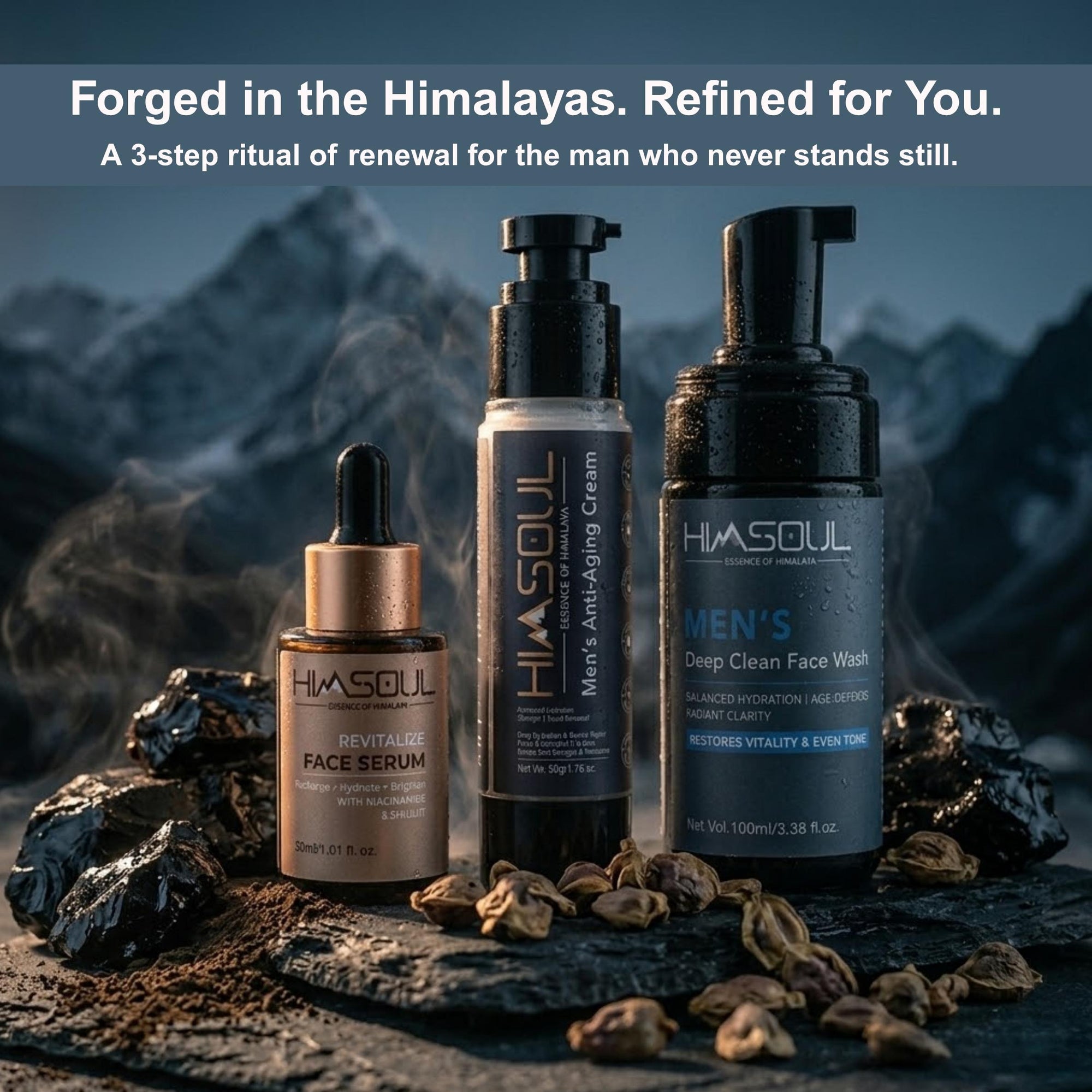 Himsoul Men's Age-Defy Trio with Deep Clean Face Wash and Revitalize Serum set against a sun-drenched Himalayan mountain peak, highlighting skin resilience and protection from the elements.