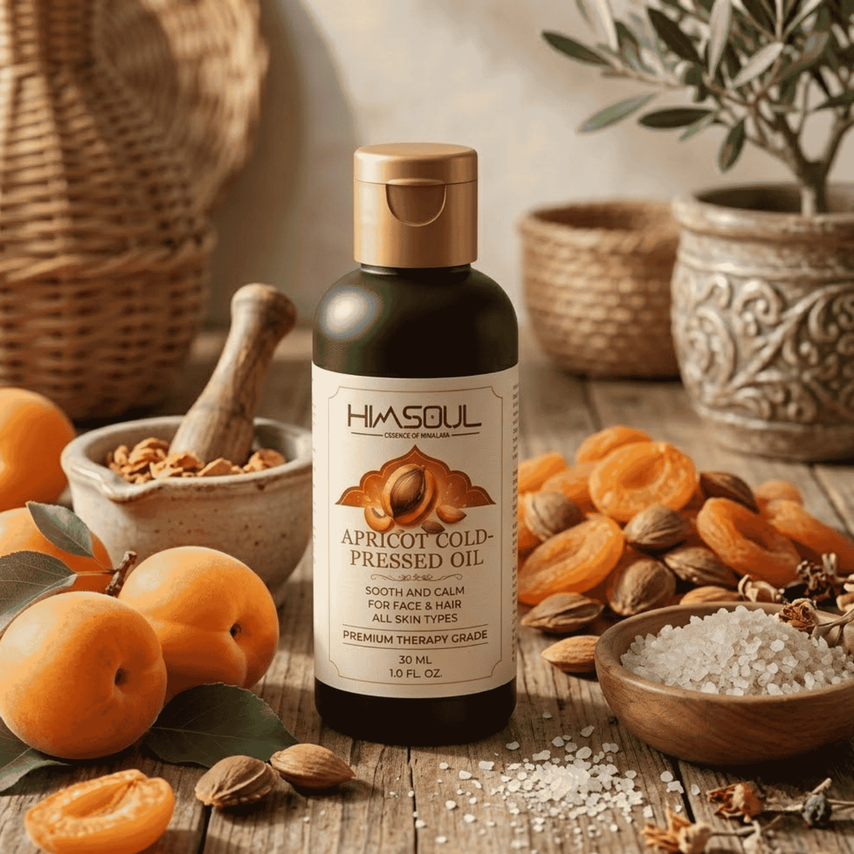 Himsoul 100% pure cold-pressed Himalayan apricot kernel oil deeply nourishing face and hair for youth glow, surrounded by fresh wild apricots in a mountain landscape.