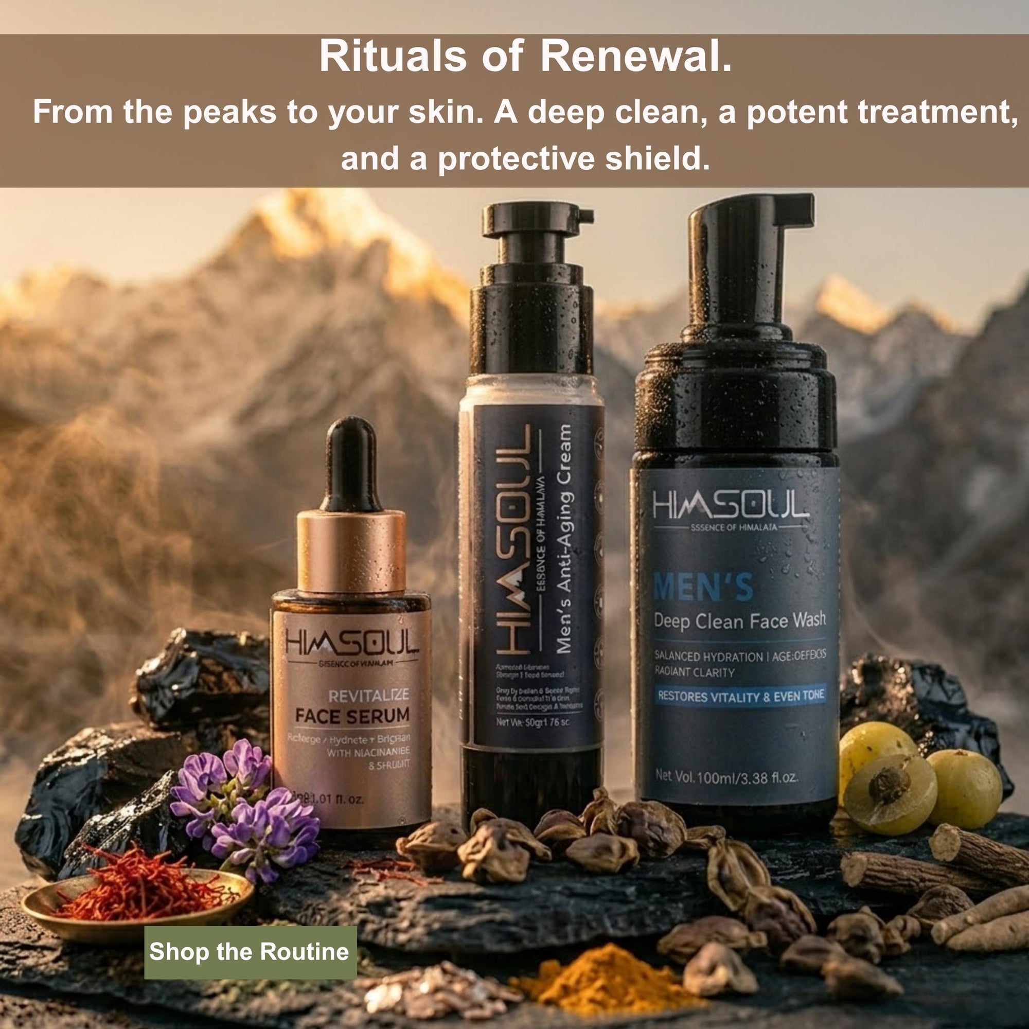 Overhead view of Himsoul skincare products on raw black slate surrounded by Himalayan ingredients including Saffron threads, Amla fruit, turmeric powder, and purple botanicals for natural skin renewal.