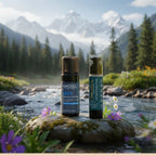 Himsoul Bright & Clear Skincare Duo featuring Men's Deep Clean Face Wash and Anti-Pigmentation Cream, set against a serene Himalayan mountain and river landscape.