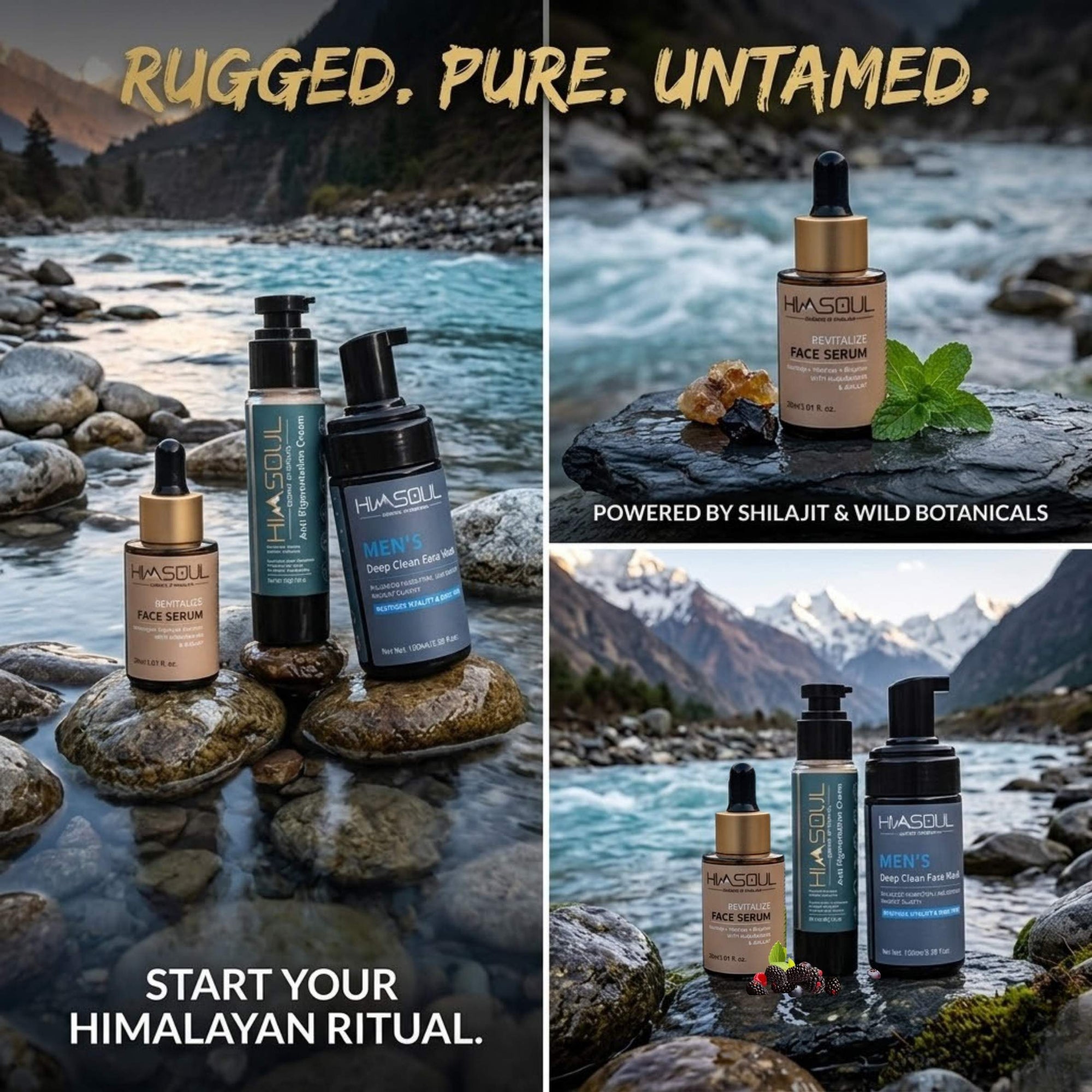imsoul’s Himalayan ritual skincare for men, showcasing the anti-pigmentation set with Shilajit and wild botanicals, embodying a rugged and pure aesthetic.