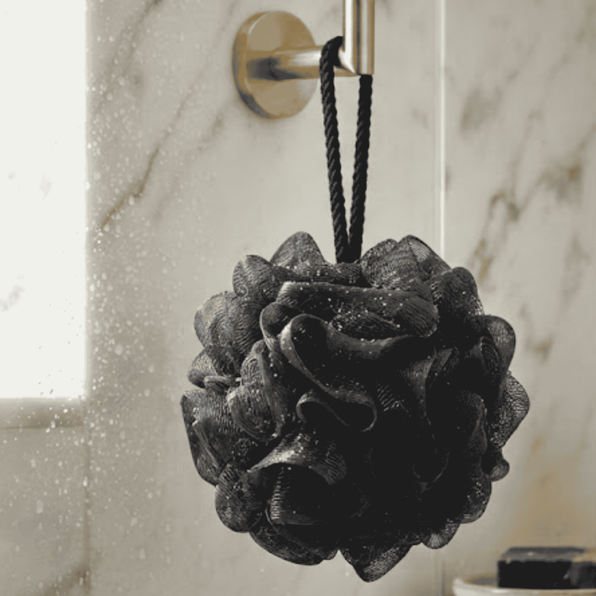 Himsoul black activated charcoal exfoliating loofah with premium mesh for deep pore cleansing and natural skin renewal.