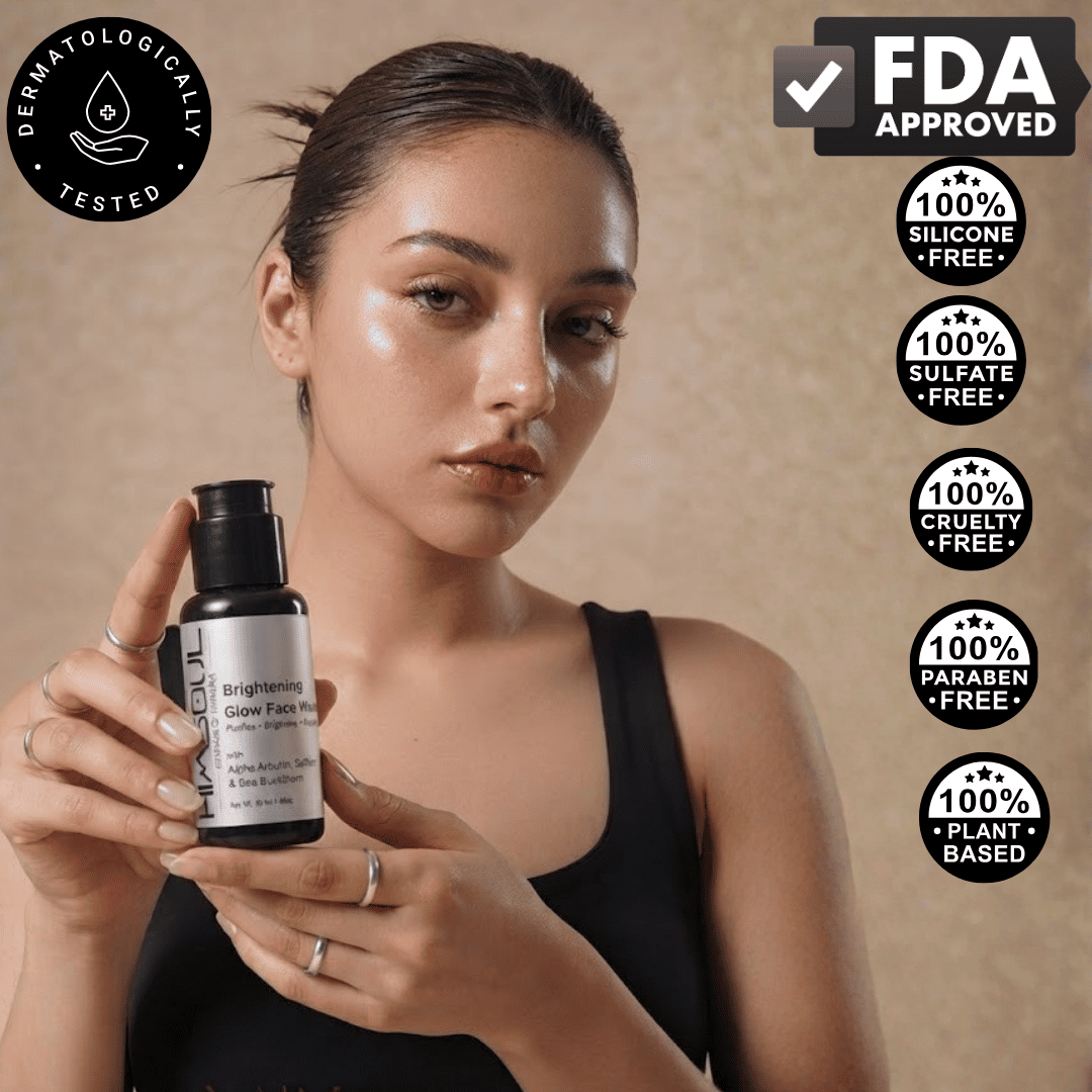 Dermatologically tested and FDA approved Himsoul Brightening Glow Face Wash held by a model showcasing clear, radiant, plant-based skincare.