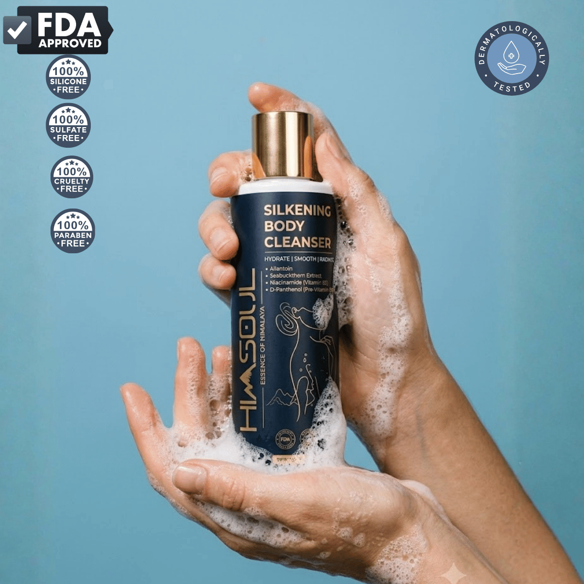 Dermatologically tested and FDA approved safe Himsoul Silkening Body Cleanser forming a rich, sulfate-free lather to gently nourish sensitive skin without stripping natural moisture.