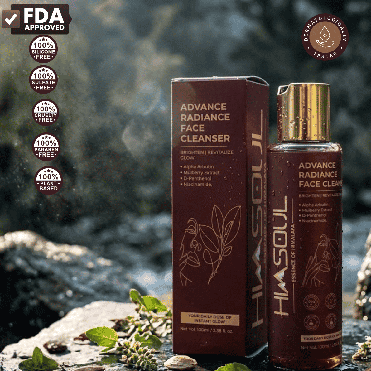 Dermatologically tested and FDA approved safe Himsoul Advance Radiance Face Cleanser gently brightens skin and fades dark spots with Alpha Arbutin, Niacinamide, and plant-based actives.