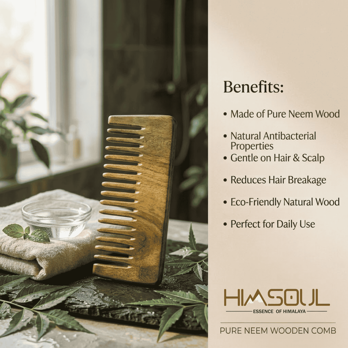 Handcrafted Himsoul pure neem wood hair comb featuring anti-dandruff, gentle detangling, and hair-fall reduction benefits for daily scalp care.