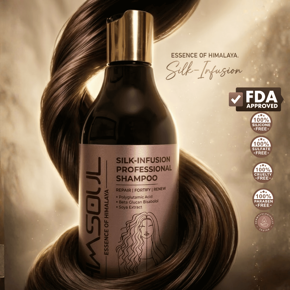 FDA approved and dermatologically tested Himsoul Silk-Infusion Shampoo enveloped in silky hair, featuring a 100% sulfate-free and paraben-free scalp safe formula.