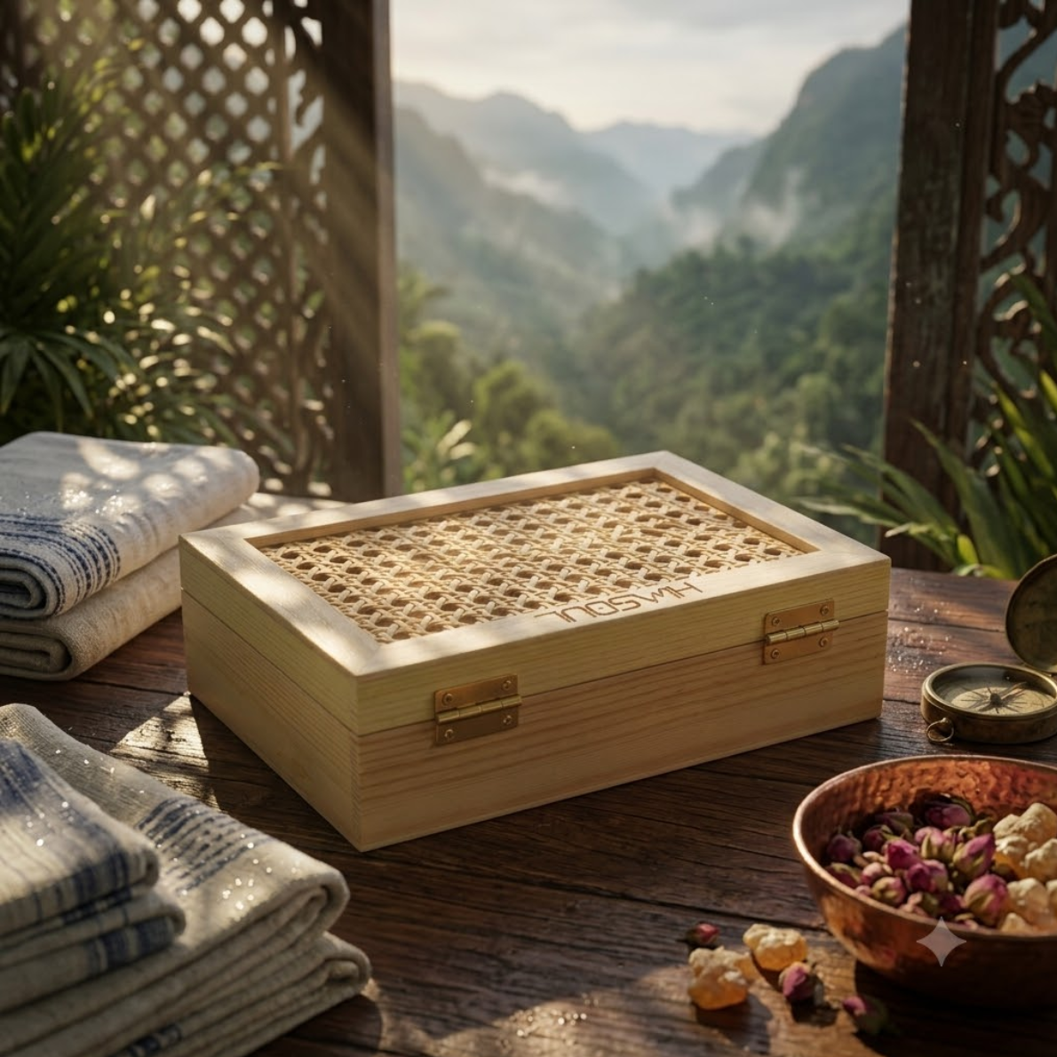 Himsoul handcrafted wooden gift box with woven cane lid set against a scenic Himalayan mountain backdrop for luxury corporate and festive gifting