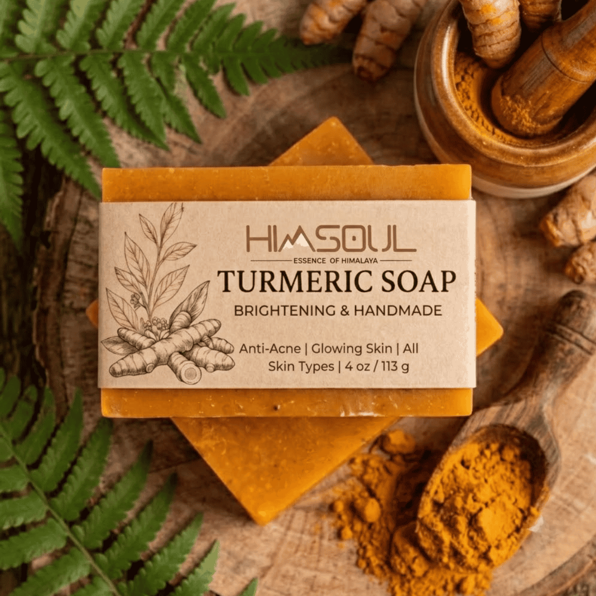 Himsoul Handmade Turmeric Soap bar for anti-acne and skin brightening, displayed with raw turmeric roots and natural Himalayan scenery.