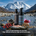 A flat-lay lifestyle shot of Himsoul Men's Anti-Aging Cream and Deep Clean Face Wash on a river stone in the Himalayas, surrounded by raw ingredients like Himalayan Shilajit, Kafal berries, and Saffron strands.