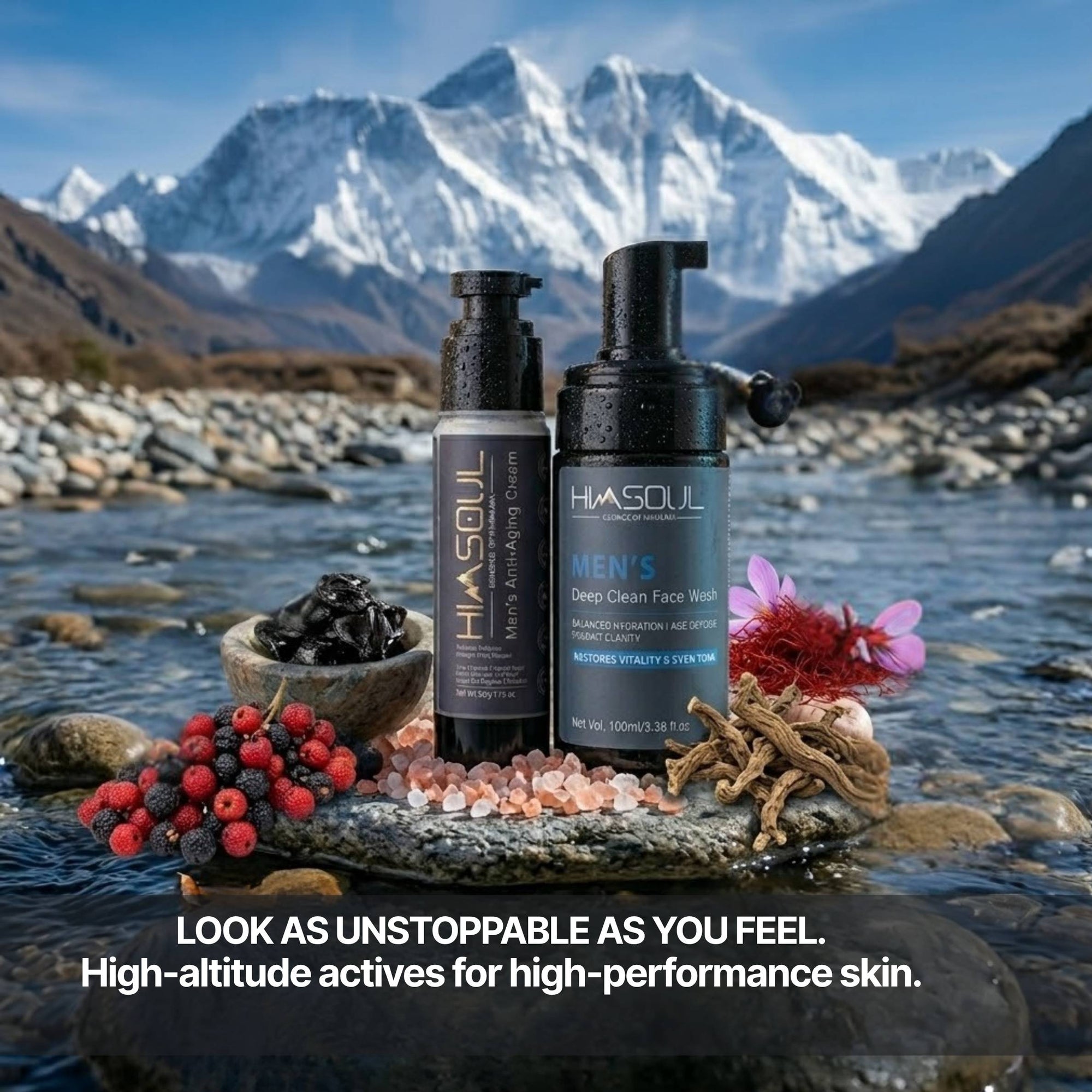A flat-lay lifestyle shot of Himsoul Men's Anti-Aging Cream and Deep Clean Face Wash on a river stone in the Himalayas, surrounded by raw ingredients like Himalayan Shilajit, Kafal berries, and Saffron strands.