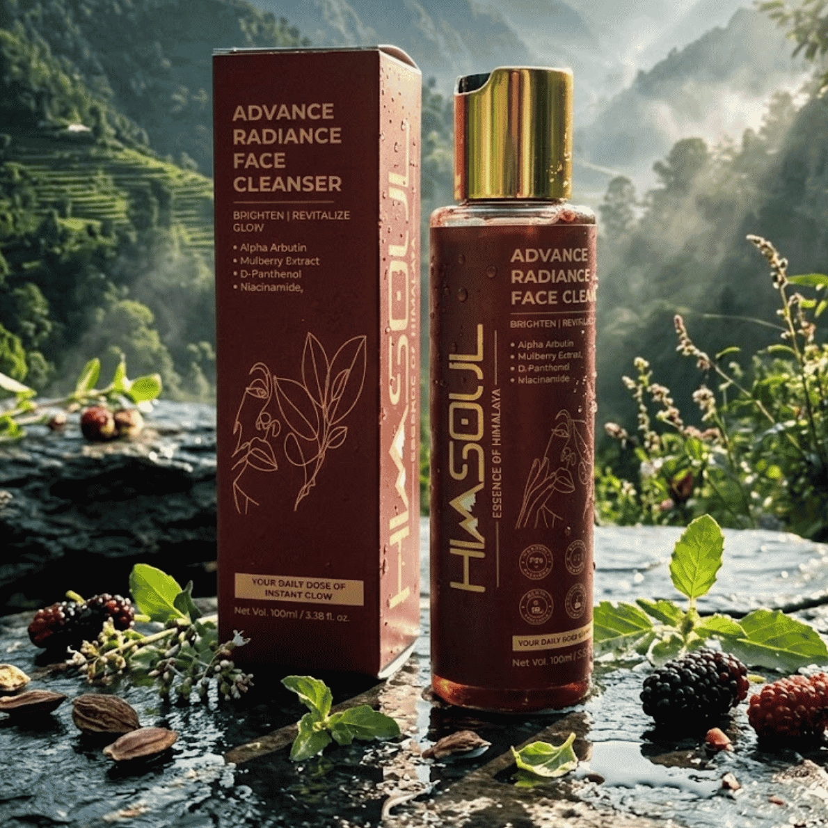 Himsoul Advance Radiance Face Cleanser placed next to wild Himalayan mulberries, revitalizing dull skin and boosting natural glow with botanical actives.