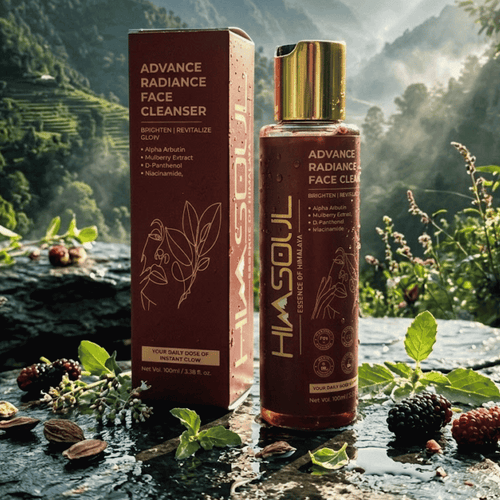 Himsoul Advance Radiance Face Cleanser placed next to wild Himalayan mulberries, revitalizing dull skin and boosting natural glow with botanical actives.