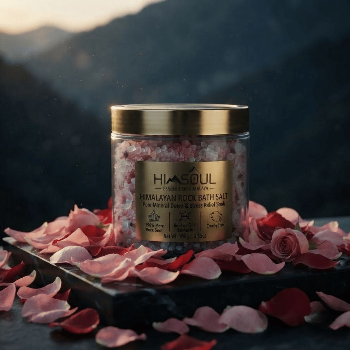 Himsoul Himalayan Rock Bath Salt jar with 84 plus minerals for muscle relaxation and skin detox, styled with pink roses and folded towels.