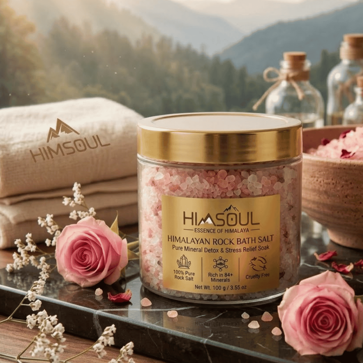 Himsoul Himalayan Rock Bath Salt jar with gold cap set on dark marble surrounded by pink rose petals for mineral detox and stress relief.