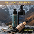 Himsoul Men’s grooming trio for brightening and skin restoration, featuring Manjistha and Sea Buckthorn, set against a background of snowy Himalayan mountain peaks.
