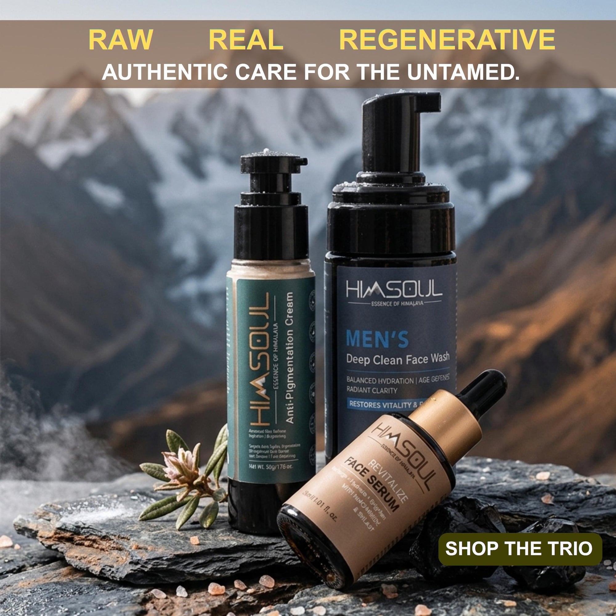 Himsoul Men’s grooming trio for brightening and skin restoration, featuring Manjistha and Sea Buckthorn, set against a background of snowy Himalayan mountain peaks.