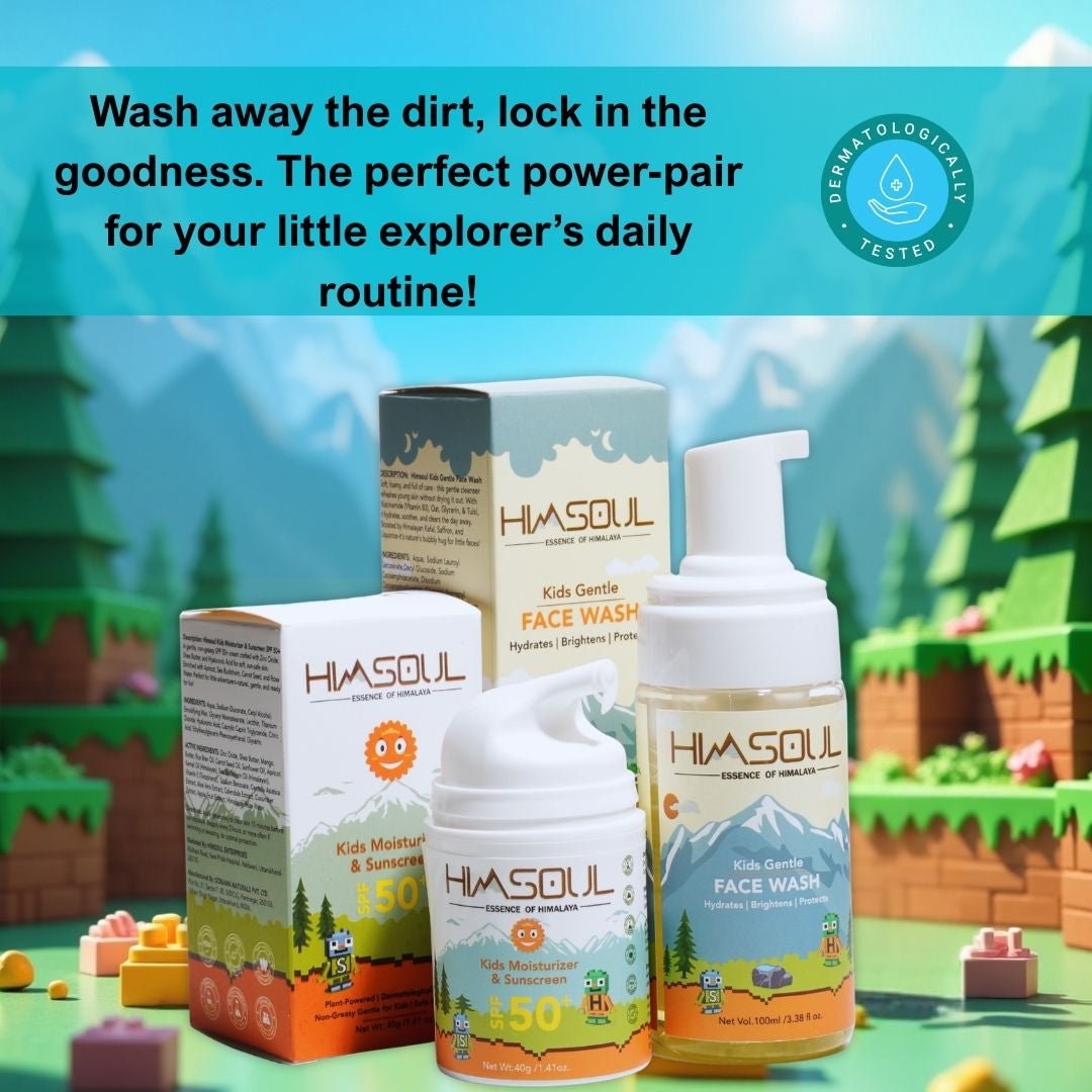Himsoul Holi 2026 special offer banner: 15% OFF with code HOLI2026 on Men's Skin Repair and Kids' Gentle Care kits featuring face serum, anti-aging cream, and kids' face wash.