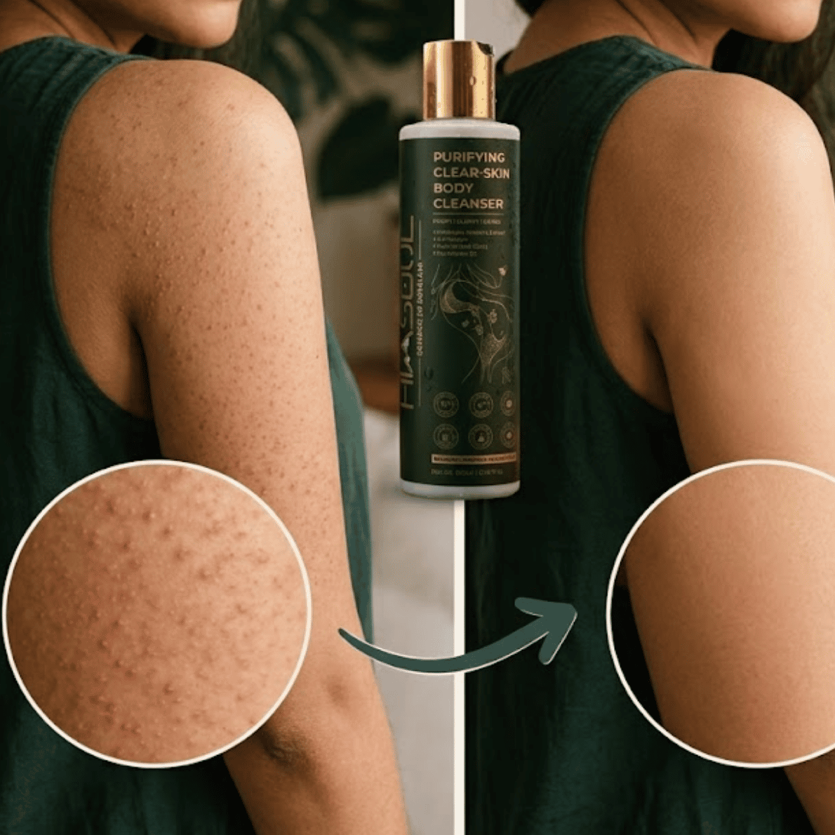Before and after arm comparison using Himsoul Purifying Body Cleanser showing effective smoothing of Keratosis Pilaris bumps and rough skin texture.