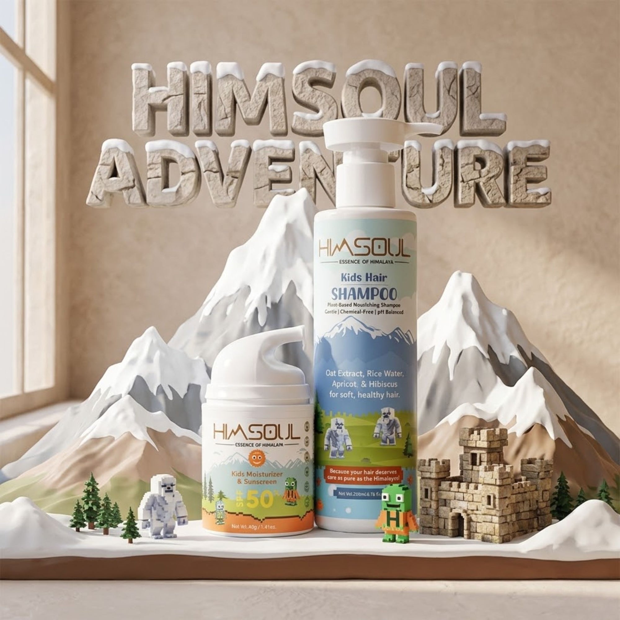 A 3D creative display of Himsoul Kids Hair Shampoo and SPF 50 Moisturizer against a snow-capped Himalayan mountain backdrop with pixel-art characters and a stone castle.