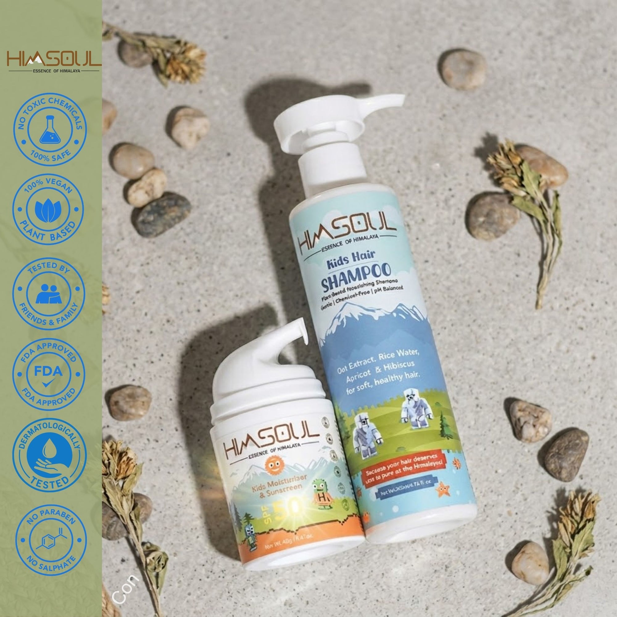 top-down view of Himsoul Kids skincare products onCERTIFICATION FROM  icons for Toxin-Free, Vegan, FDA Approved, and Dermatologically Tested.