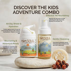 Infographic of Kids Daily Moisturizer and Face Wash highlighting nourishing ingredients like Chamomile, Avocado Oil, and Sea Buckthorn.