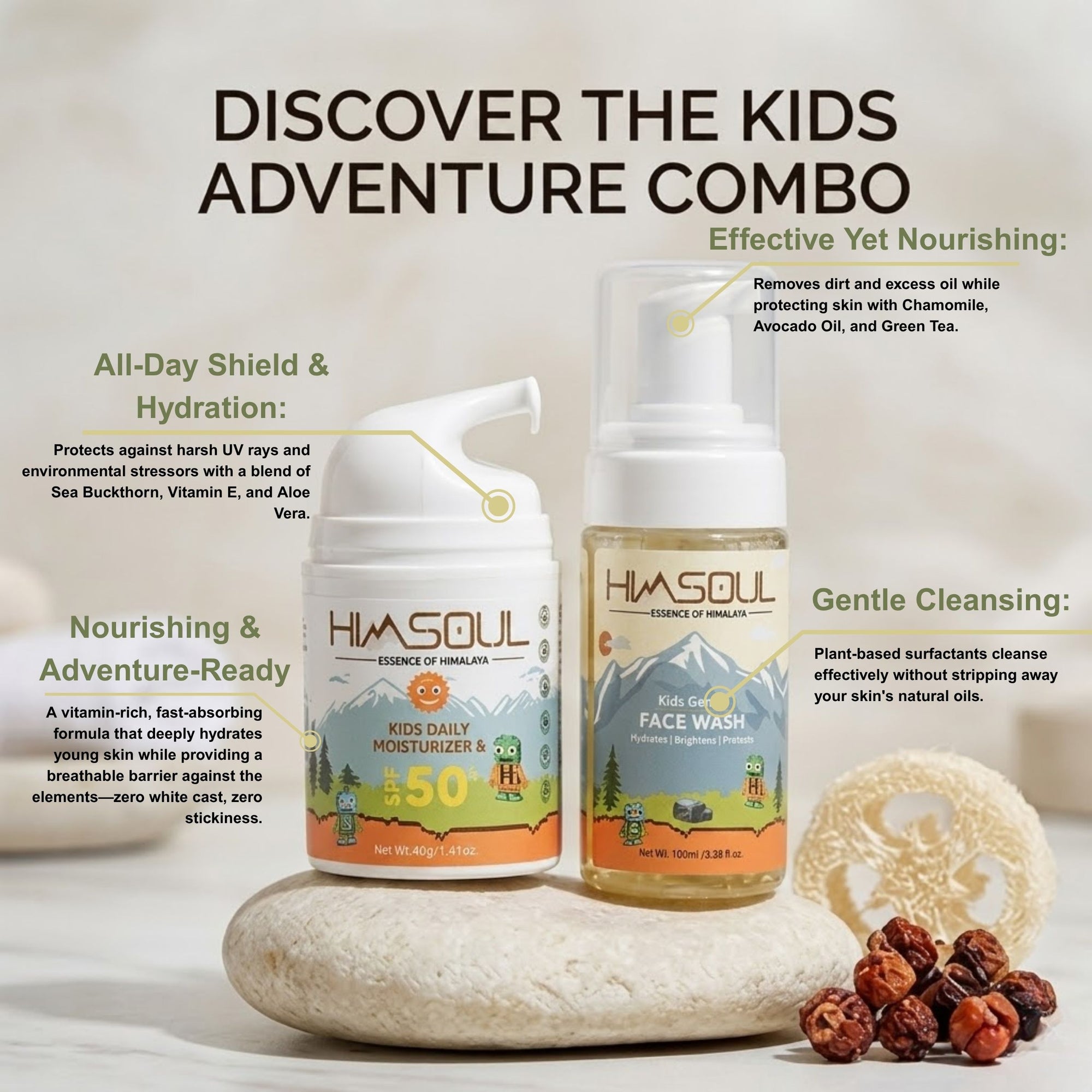 Infographic of Kids Daily Moisturizer and Face Wash highlighting nourishing ingredients like Chamomile, Avocado Oil, and Sea Buckthorn.