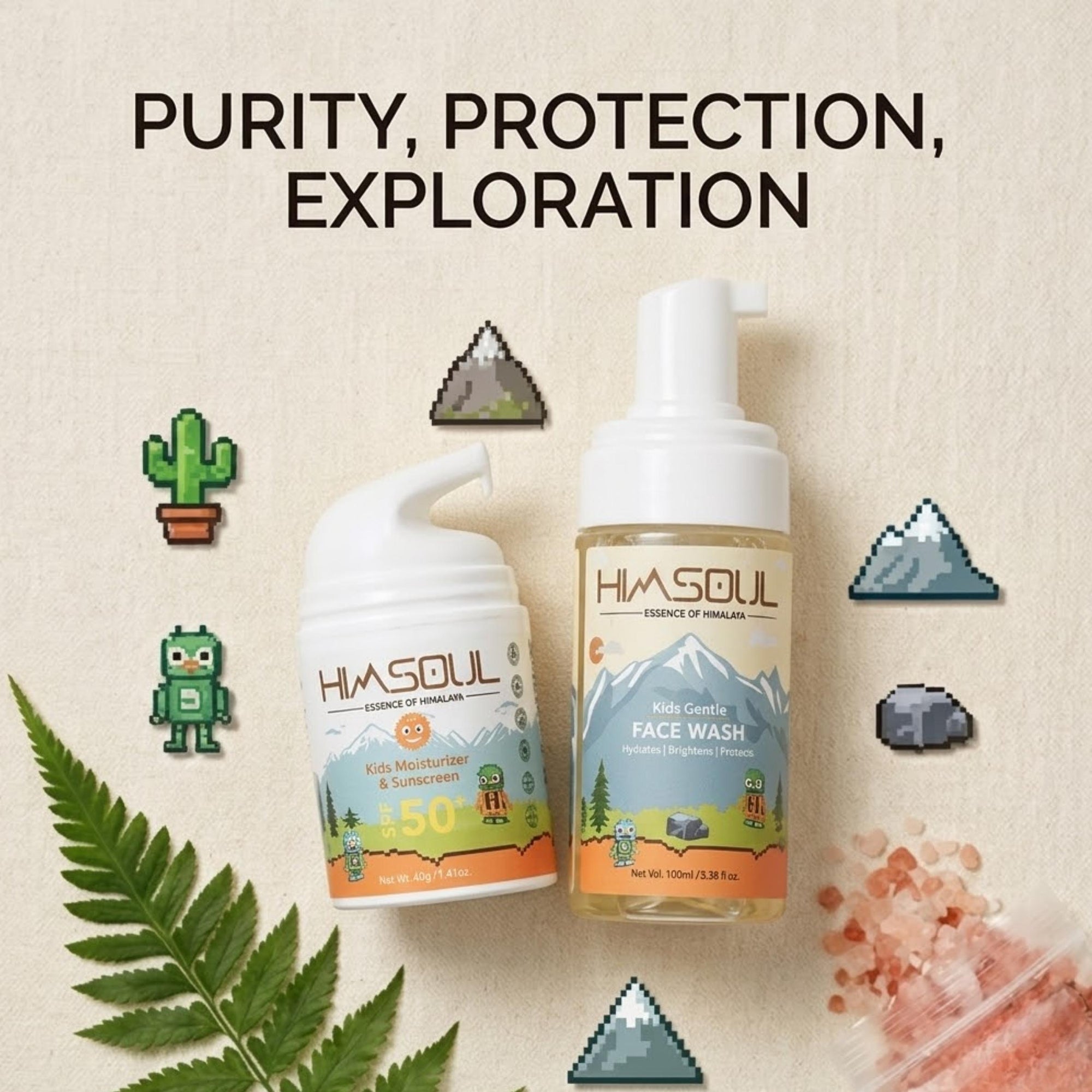imsoul Little Explorer duo featuring toxin-free Kids Gentle Face Wash and SPF 50 Moisturizer Sunscreen for kids aged 4 and up.