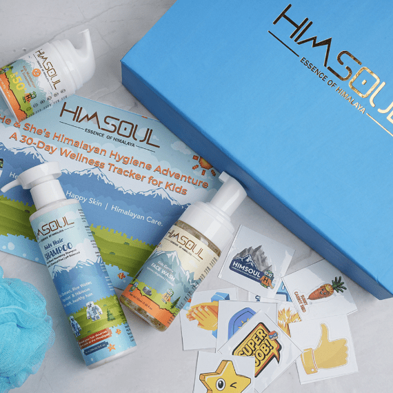 HimSoul Himalayan hygiene adventure gift box for kids featuring natural shampoo, face wash, and wellness tracker bookle