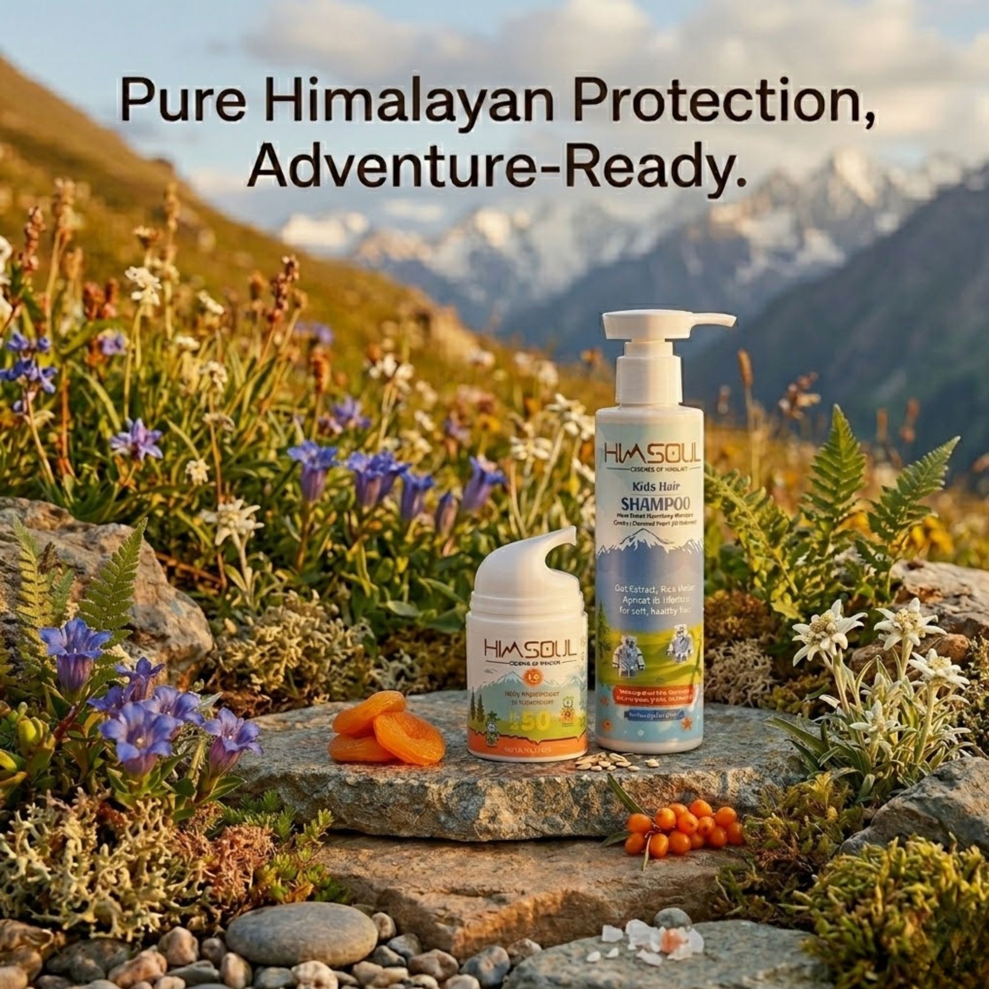Back view of Himsoul Kids Shampoo and Sunscreen bottles showing natural ingredients like Rice Water, Oat Extract, and Zinc Oxide on a white background with green ferns.