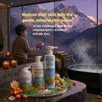 A premium Himsoul Kids Gentle Care Trio set featuring Face Wash, Shampoo, and SPF 50 moisturizer on a marble counter overlooking the snowy Himalayan peaks at sunset.