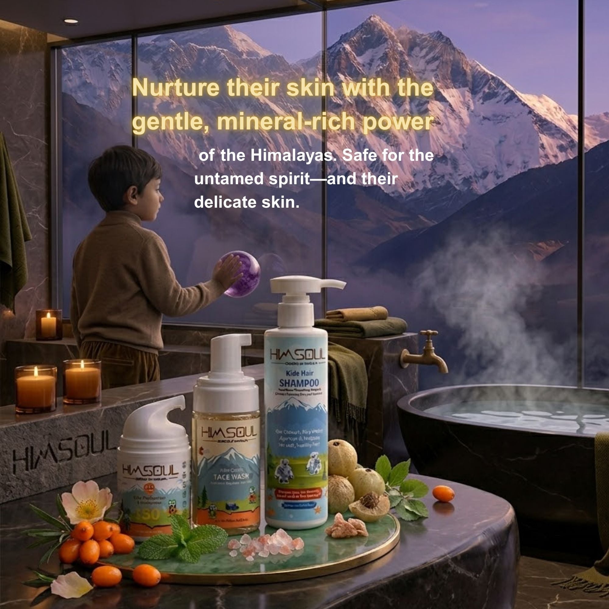 A premium Himsoul Kids Gentle Care Trio set featuring Face Wash, Shampoo, and SPF 50 moisturizer on a marble counter overlooking the snowy Himalayan peaks at sunset.