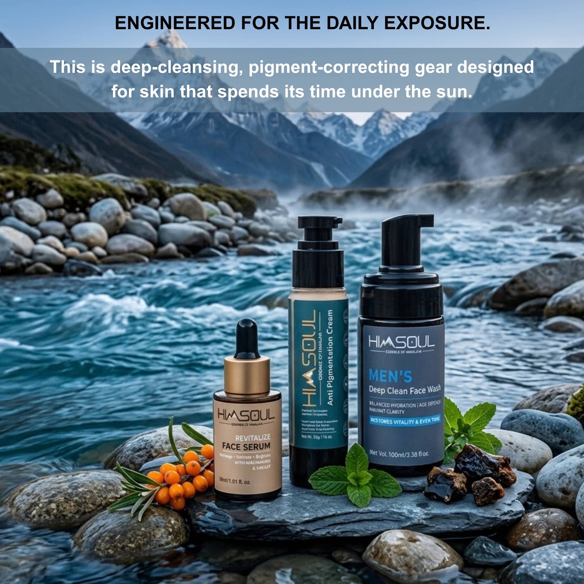 A 3-step Himsoul Men's skincare system on river rocks, featuring deep-cleansing and pigment-correcting gear designed for skin exposed to daily sun and environmental grit.
