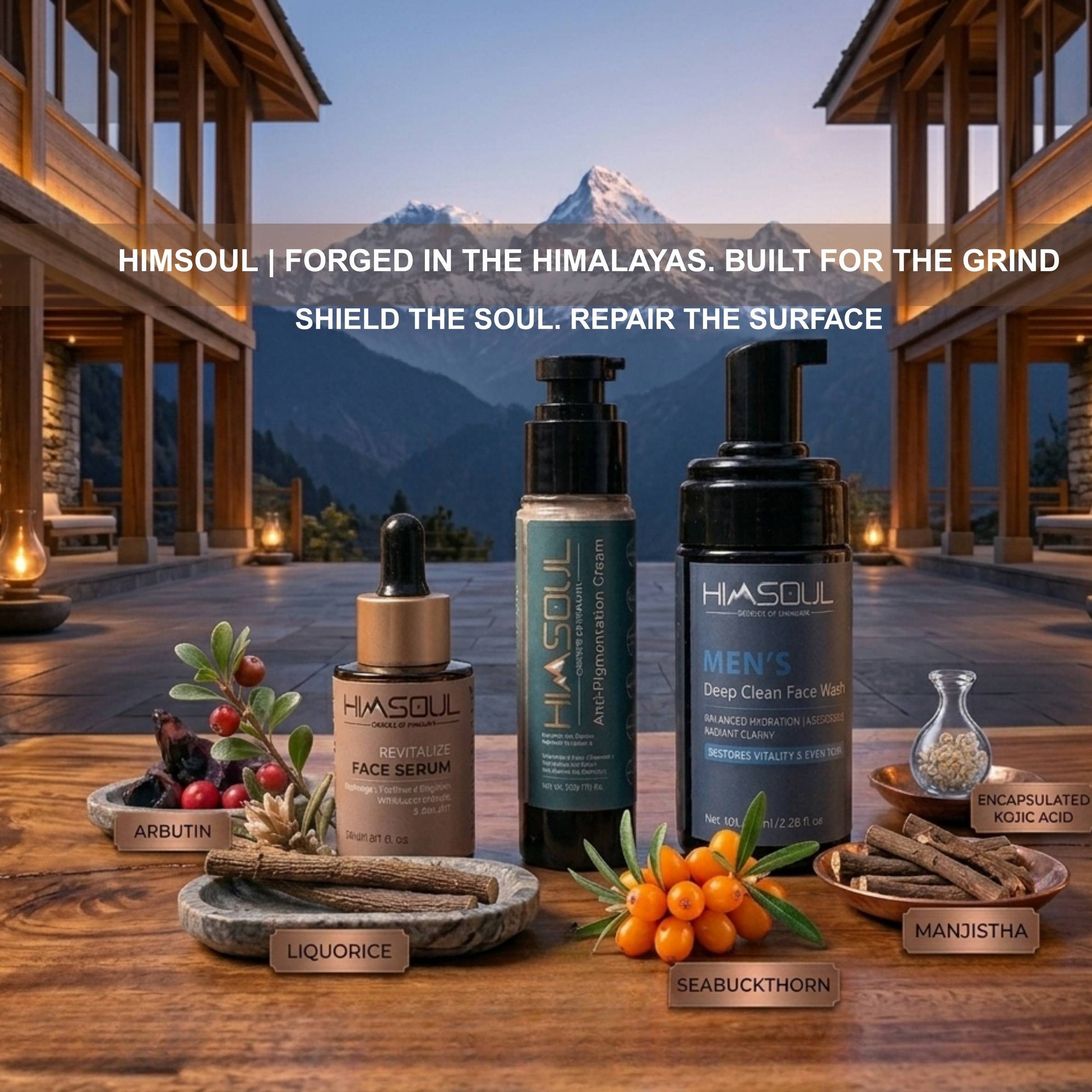 Professional gallery of Himsoul Men's skincare products featuring wild-harvested Himalayan botanicals and rugged river landscapes, optimized for deep cleansing and brightening.